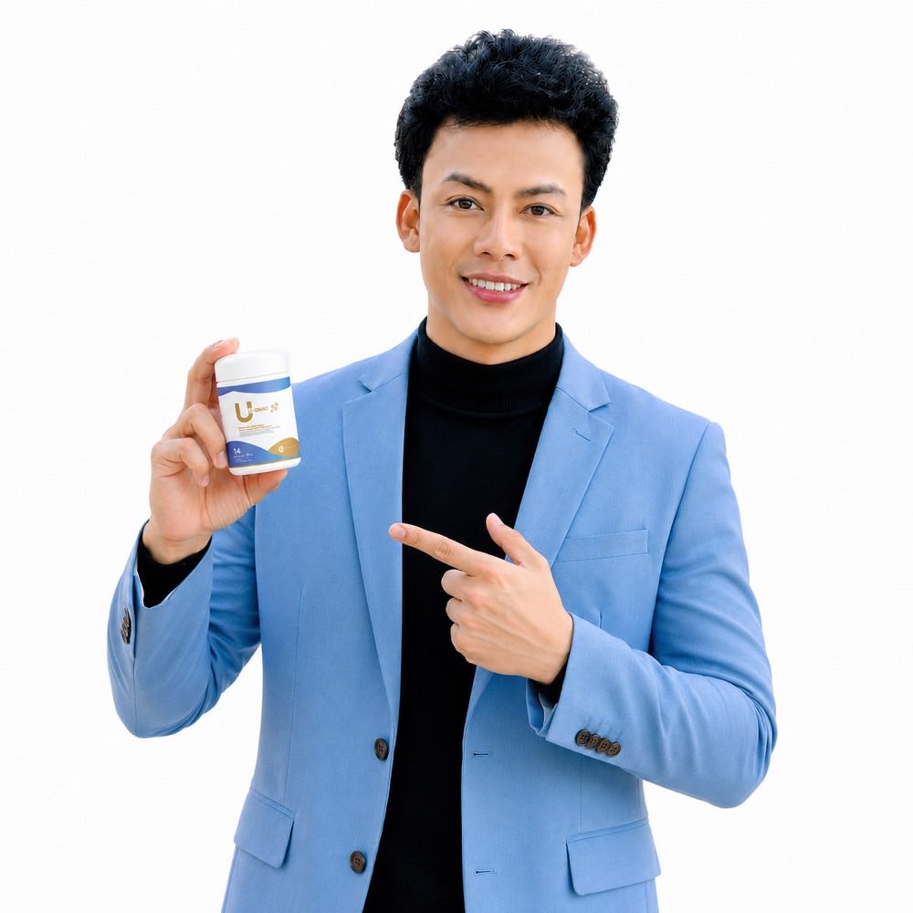 ผู้แนะนำผลิตภัณฑ์ถือกระปุก U-QMAC